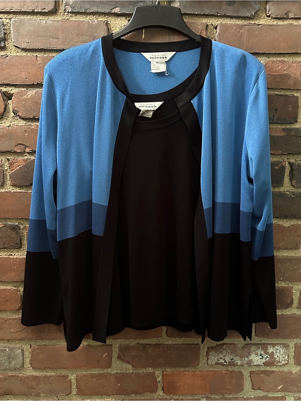 Vtg Misook Blue Black Knit 2-Piece Tank Jacket Set Acrylic XL